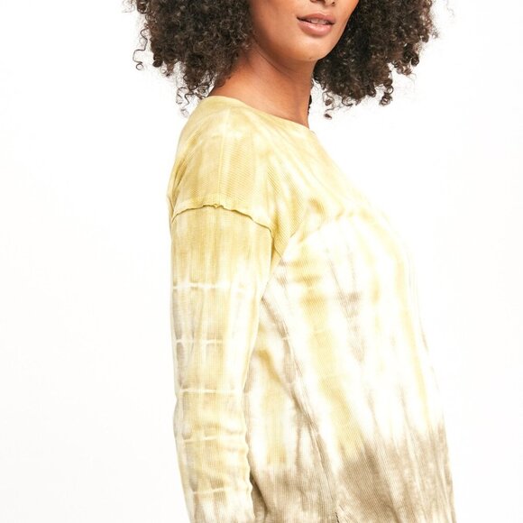 MYSTREE Yellow Beige Tie-Dye Long Sleeve Top, Casual Waffle Knit Pullover - Picture 4 of 7